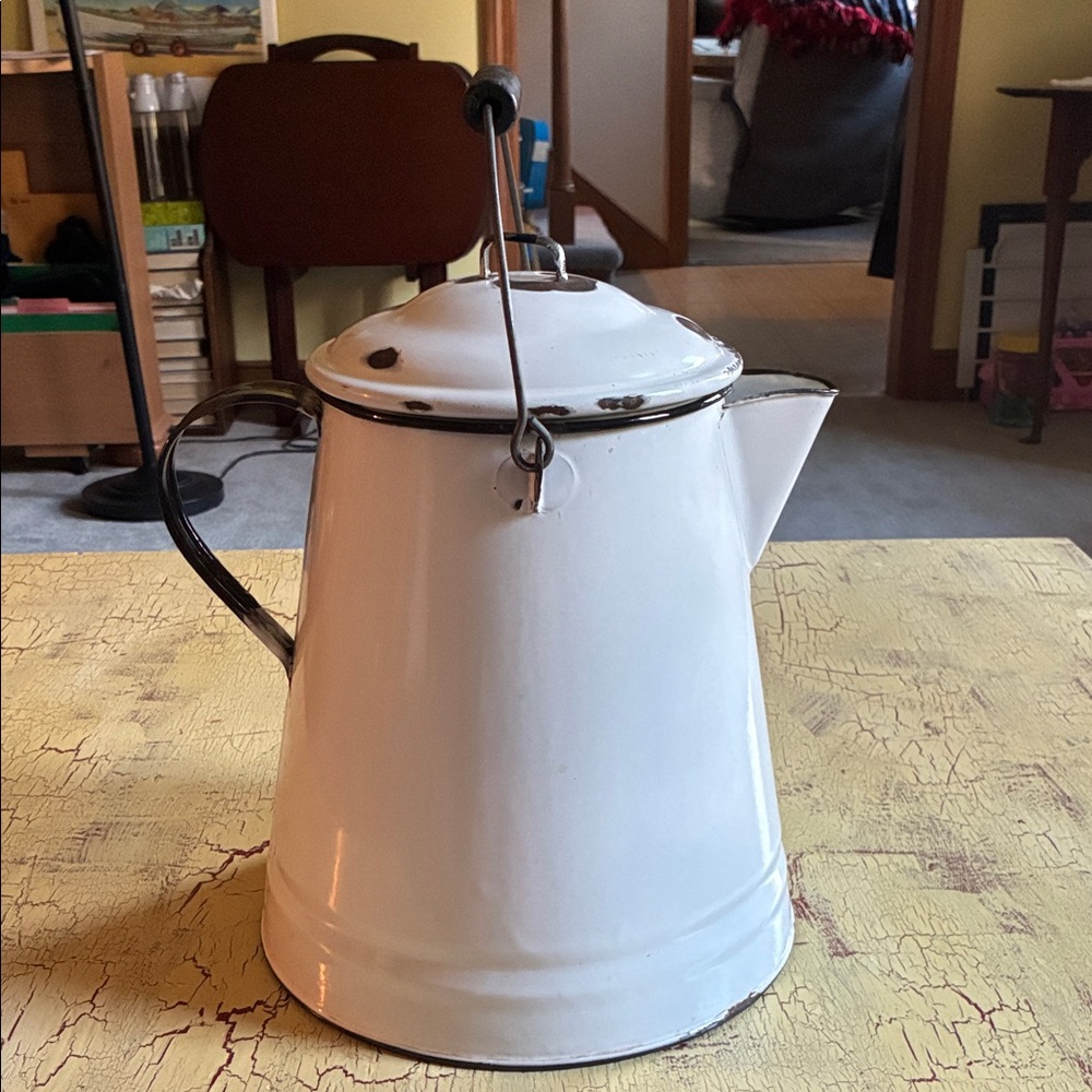 Vintage White Enamel Kettle with Black Handle